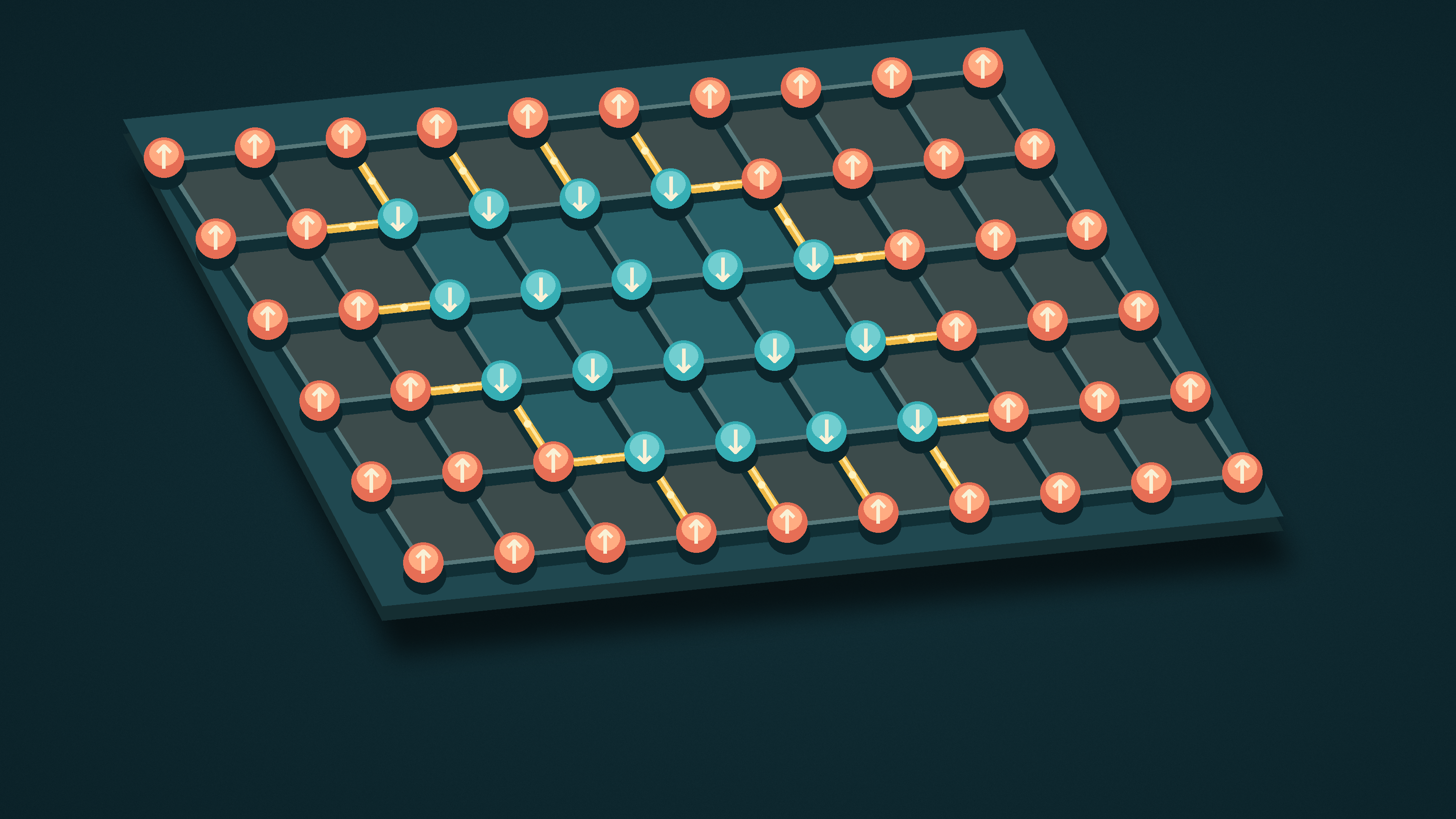 Bonds at the boundaries between two spin orientations glow gold in a tilted spin lattice