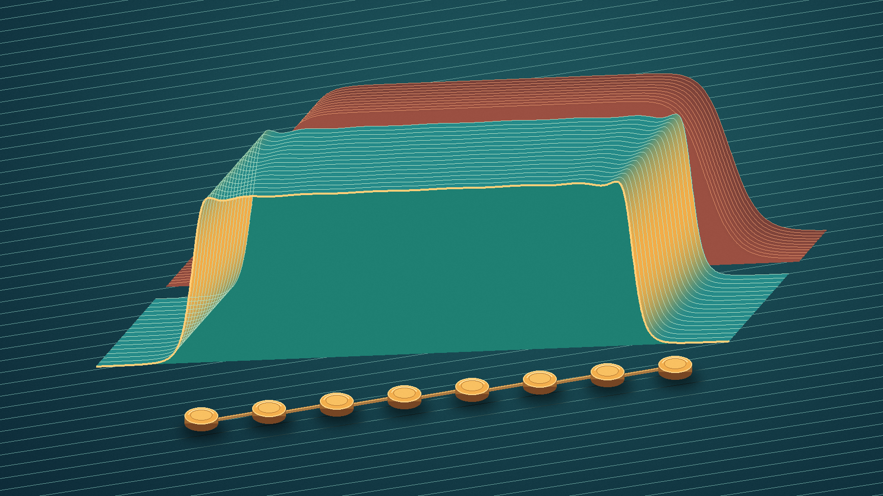 Two transmission plateaus in ochre-red and teal, one with gentle edges and the other with steep edges, with a row of connected discs in the foreground
