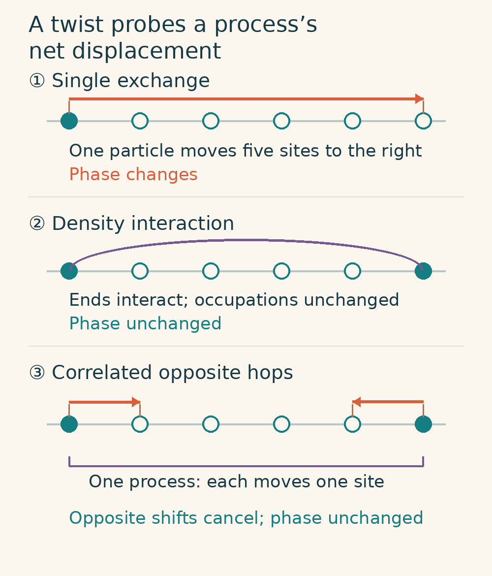 Occupation diagrams for three processes: a long-range particle exchange, a density interaction that leaves occupations at both ends unchanged, and two particles simultaneously hopping one site each in opposite directions.